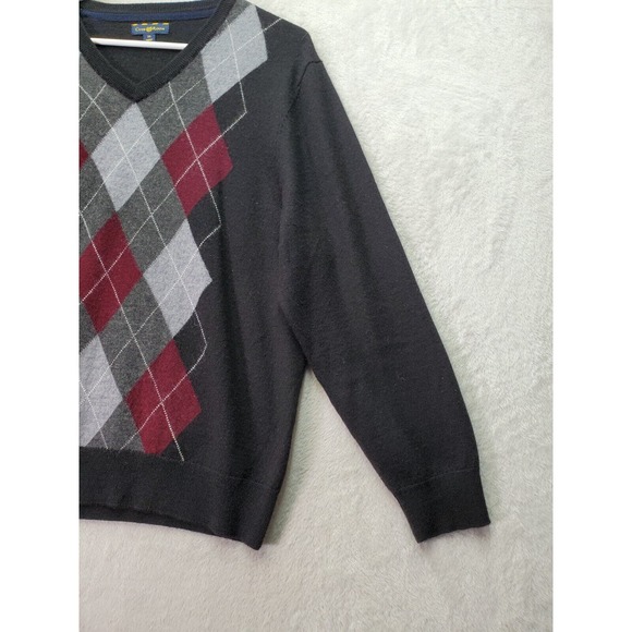 Club Room Sweater Men Size XL Black Argyle Merino Wool Long Raglan Sleeve V Neck - Picture 5 of 8